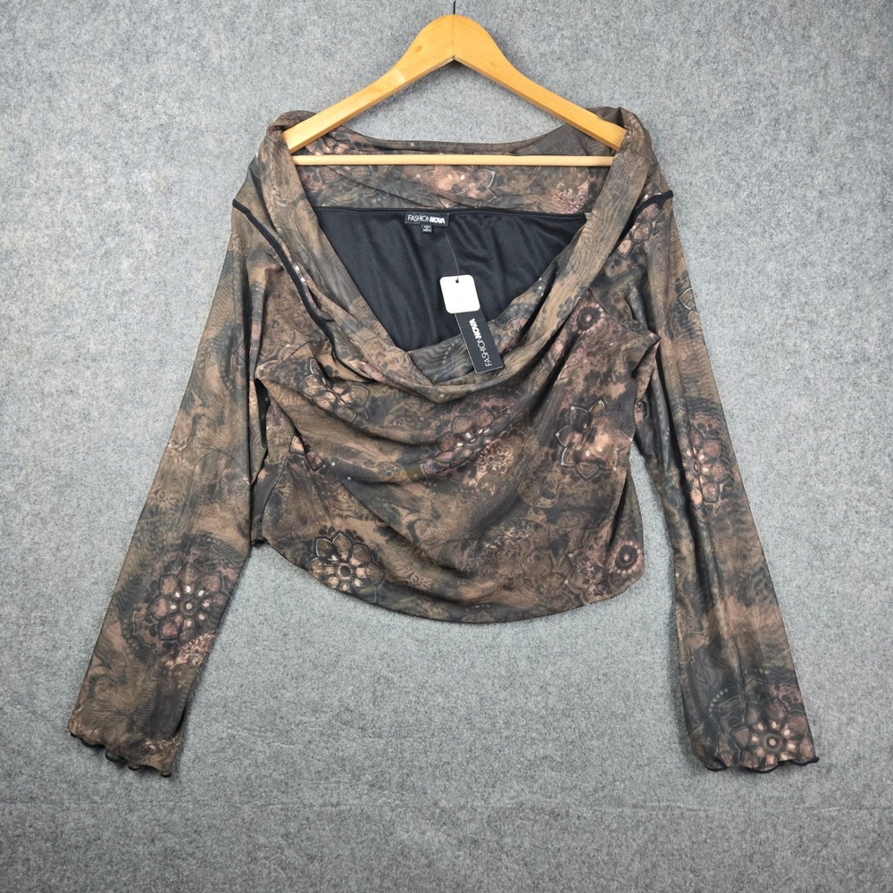 Fashion Nova Luna Mesh Top Womens 3X Brown Off Shoulder Drape Neck Boho Grunge